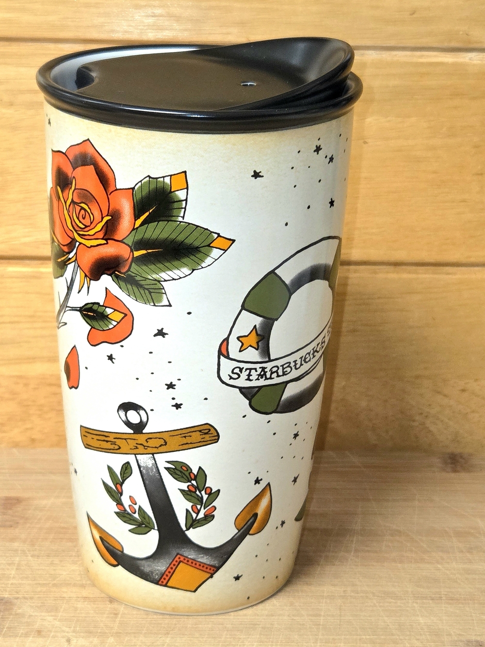 Rare Starbucks 2015 Sailor Jerry Tattoo Mermaid Ceramic Tumbler Mug & Lid 12 oz